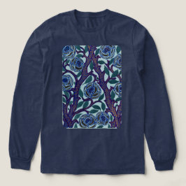ブルーとパープルのビンテージ植物画フラワー トライブレンドTシャツ