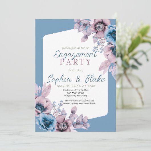 ブルーとパープルのフローラブルー婚約パーティ 招待状 (スタンド正面)