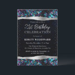 ブルーとパープルの人魚の続編21st誕生日 招待状<br><div class="desc">青エレガントと紫のマーメイドはかりで測シークイン涙のエッジデザイン暗い青の《写真》ぼけ味背景に銀色の要素を</div>