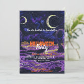 ブルーとパープルの空の三日月ハロウィンパーティー 招待状 (スタンド正面)