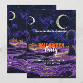 ブルーとパープルの空の三日月ハロウィンパーティー 招待状 (正面/裏面)