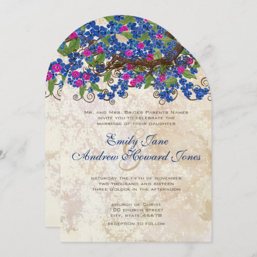 ブルーとピンクのさくらんぼブロッサムティーステイン招待状 招待状 (正面/裏面)