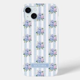 ブルーとピンクのアジサイのモノグラム iPhone 15 MINIケース