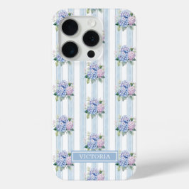 ブルーとピンクのアジサイのモノグラム iPhone 15 PROケース