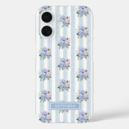 ブルーとピンクのアジサイのモノグラム iPhone 16ケース