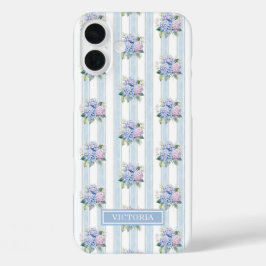 ブルーとピンクのアジサイのモノグラム iPhone 16 PLUSケース