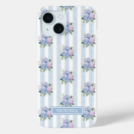 ブルーとピンクのアジサイのモノグラム iPhone 15ケース