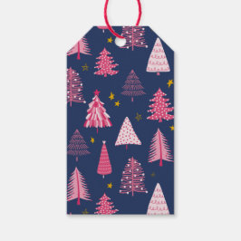 ブルーとピンクのクリスマスツリーパターン ギフトタグ