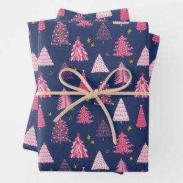 ブルーとピンクのクリスマスツリーパターン ラッピングペーパーシート