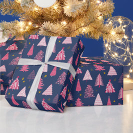 ブルーとピンクのクリスマスツリーパターン ラッピングペーパー