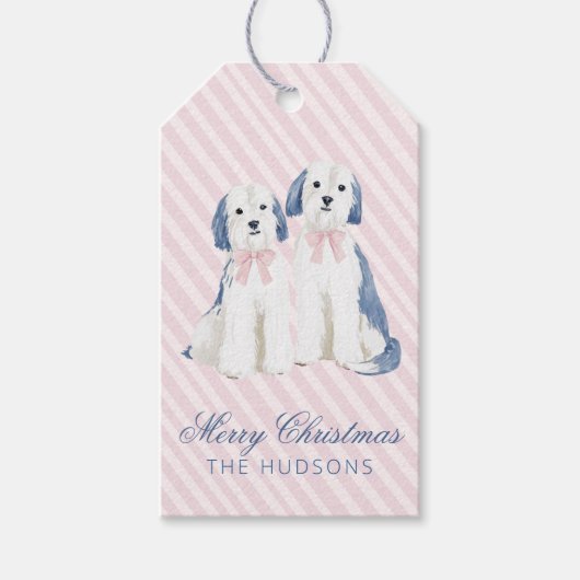 ブルーとピンクのクリスマス犬 ギフトタグ (正面)