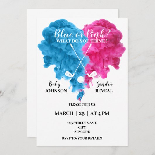 ブルーとピンクのゴルフジェンダーが招待を明らかにする 招待状 (正面/裏面)