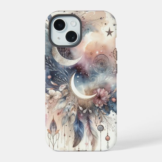 ブルーとピンクのドリームキャッチャー iPhone 15ケース (裏面)
