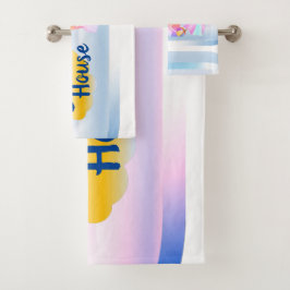 ブルーとピンクのビーチハウスタオルセット2 バスタオルセット