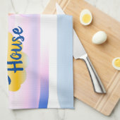 ブルーとピンクのビーチハウスティータオル キッチンタオル (四つ折り)