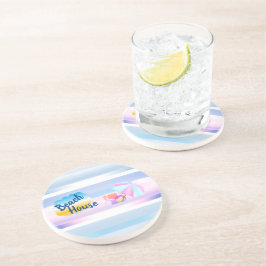 ブルーとピンクのビーチハウス サンドストーン コースター
