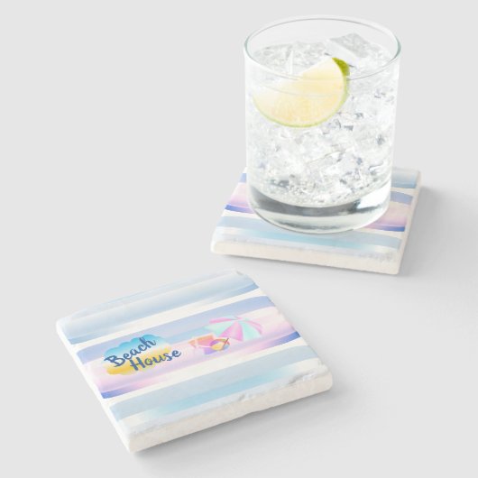 ブルーとピンクのビーチハウス ストーン コースター (横)