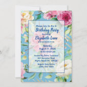 ブルーとピンクのフローラ誕生日パーティー 招待状 (正面)