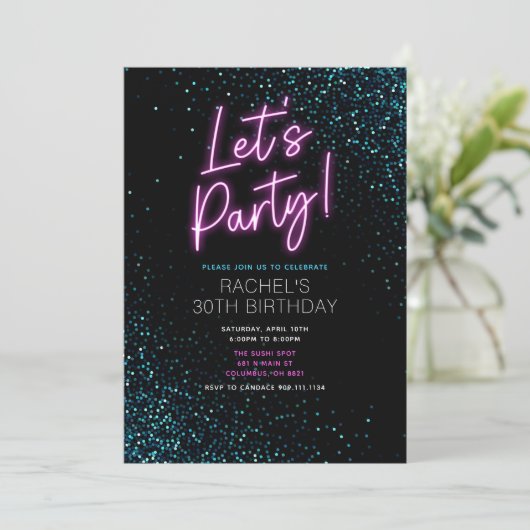 ブルーとピンクのモダン誕生日パーティーへの招待 招待状 (スタンド正面)