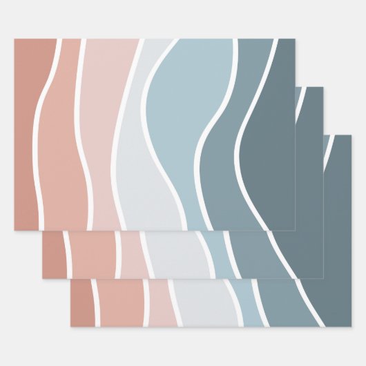 ブルーとピンクのレトロスタイル波デザイン ラッピングペーパーシート (セット)