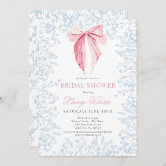 ブルーとピンクの弓ブライダルシャワーの招待状 招待状 (正面/裏面)