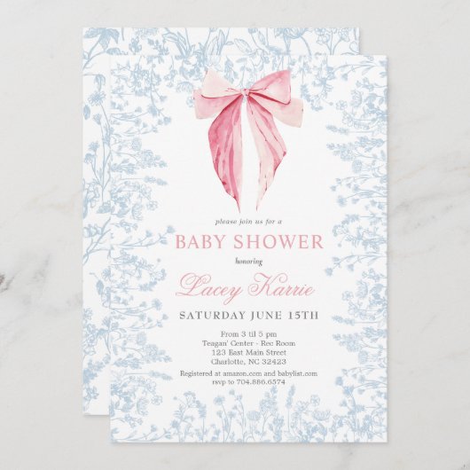 ブルーとピンクの弓ベビーシャワーの招待状 招待状 (正面/裏面)