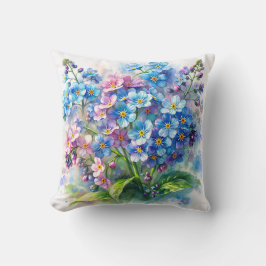 ブルーとピンクの忘れな草の花の水彩画 クッション