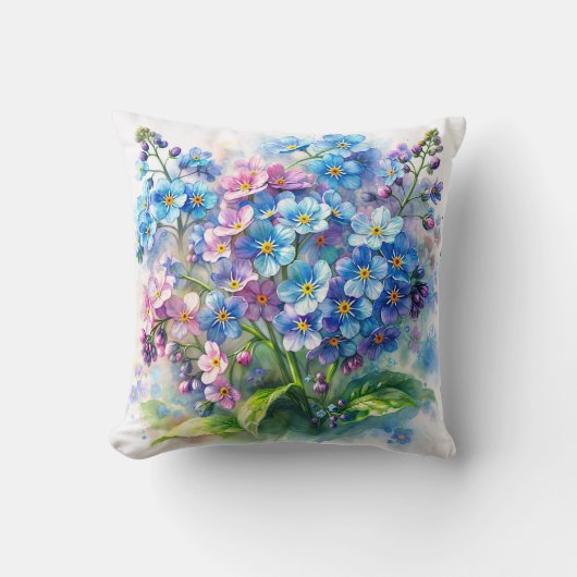 ブルーとピンクの忘れな草の花の水彩画 クッション (正面)