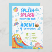 ブルーとピンクの膨張可能プールパーティー誕生日 招待状 (正面/裏面)