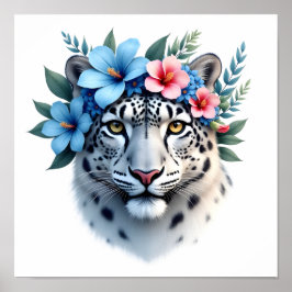 ブルーとピンクの花のクラウンを持つユキヒョウ 壁掛けアート ポスター