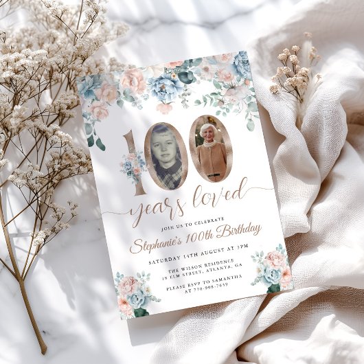 ブルーとピンクの花の写真 100歳の誕生日 招待状