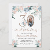 ブルーとピンクの花の写真 30歳の誕生日招待状 招待状 (正面)