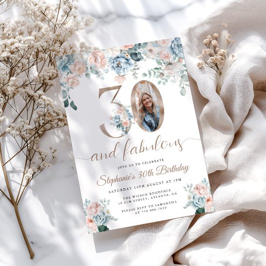 ブルーとピンクの花の写真 30歳の誕生日招待状 招待状