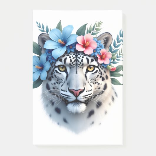 ブルーとピンクの花の王冠のユキヒョウ ノート ポストイット (正面)