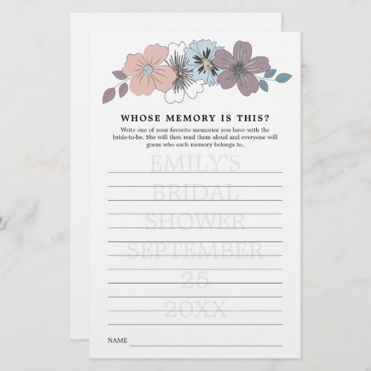 ブルーとピンクの花の結婚前お楽しみゲーム　思い出 (正面/裏面)