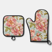 ブルーとピンクの花柄シャビーシック 鍋つかみ&鍋敷きセット (正面)