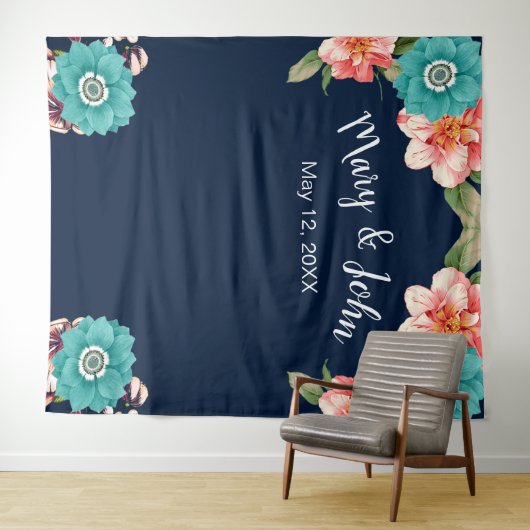 ブルーとピンクの花柄植物写真背景 タペストリー (インサイチュ(横))