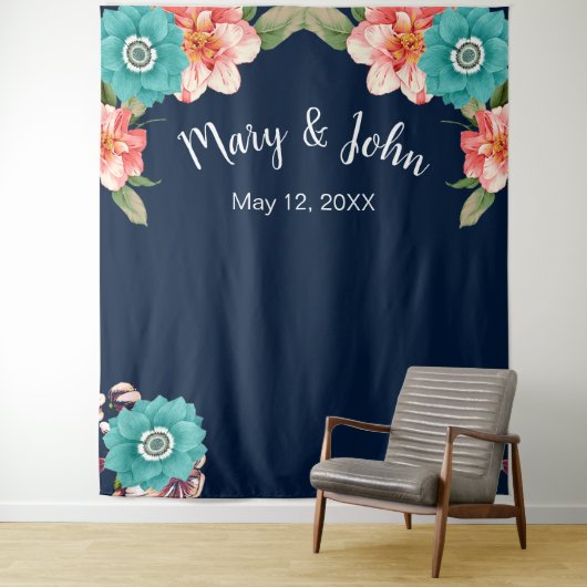 ブルーとピンクの花柄植物写真背景 タペストリー (インサイチュ)