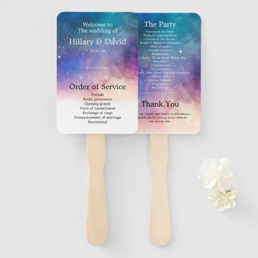 ブルーとピンクの銀河系結婚式 プログラム ハンドファン (正面&裏面)