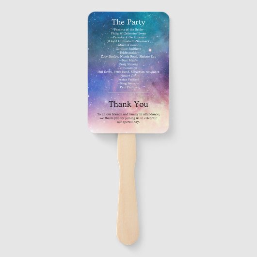 ブルーとピンクの銀河系結婚式 プログラム ハンドファン (裏面)