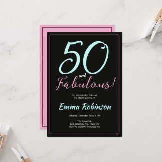 ブルーとピンクの「フィフティ・アンド・ファビュラス」50歳の誕生日 招待状