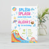 ブルーとピンクインフレータブルプールパーティーガール誕生日 招待状 (スタンド正面)