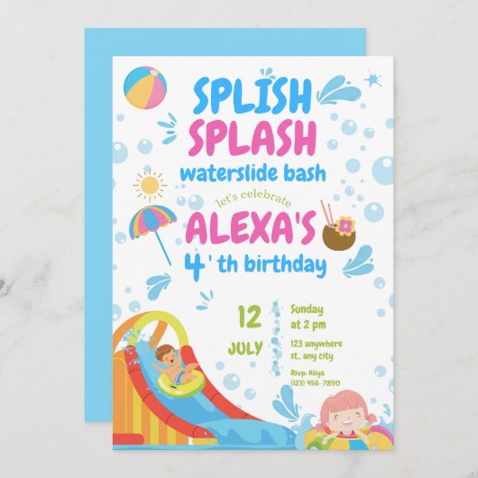 ブルーとピンクインフレータブルプールパーティーガール誕生日 招待状 (正面/裏面)