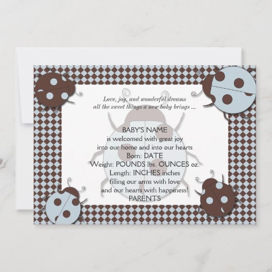 ブルーとブラウンのレディバグベビーのお知らせ 案内状 (正面)