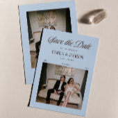 ブルーとブラウンの結婚式の事前案内写真 招待状