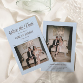 ブルーとブラウンの結婚式の事前案内写真 招待状