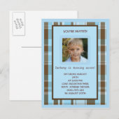 ブルーとブラウンプレイド誕生日招待状 インビテーションポストカード (正面/裏面)