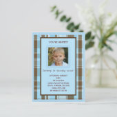 ブルーとブラウンプレイド誕生日招待状 インビテーションポストカード (スタンド正面)