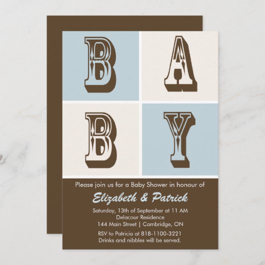 ブルーとブラウン男の子の赤ちゃんシャワー招待状 招待状 (正面/裏面)