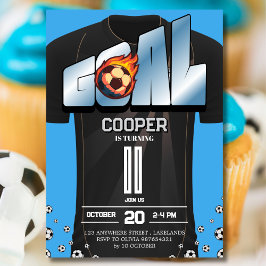 ブルーとブラックのサッカーシャツの誕生日パーティー 招待状